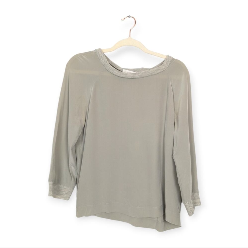 J. Crew Warm Grey Silk Ribbed Wool Trim Casual Blouse